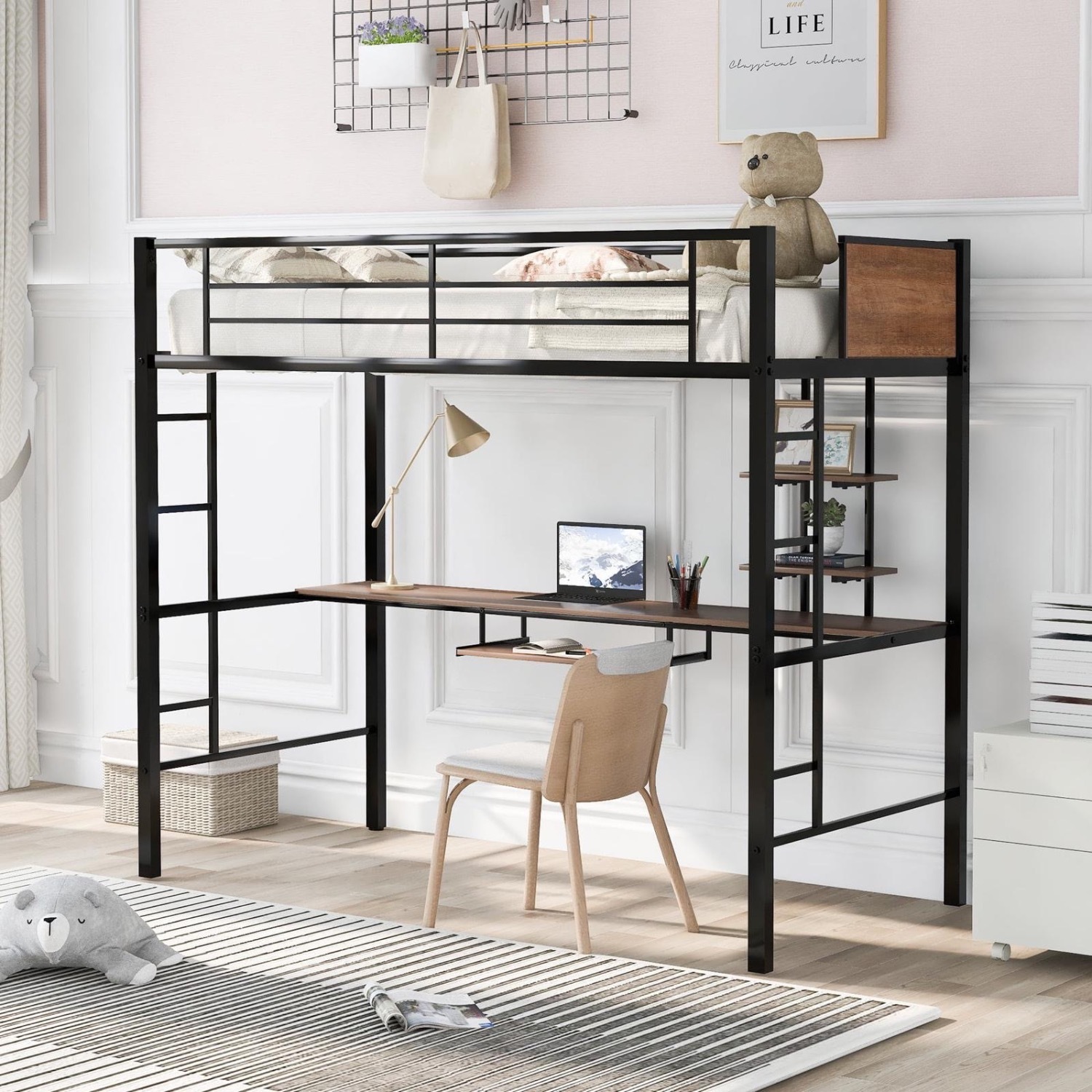 Twin Loft Bed W Desk, Shelves, Dual Ladder - image-1