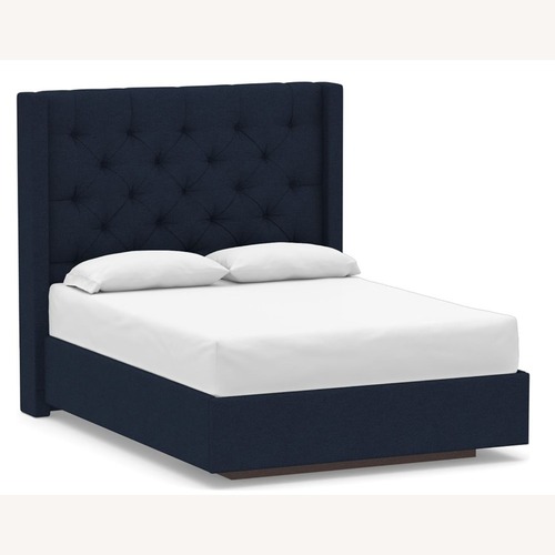 Used Queen Bed W Drawers - Navy Blue Velvet Tufted  for sale on AptDeco