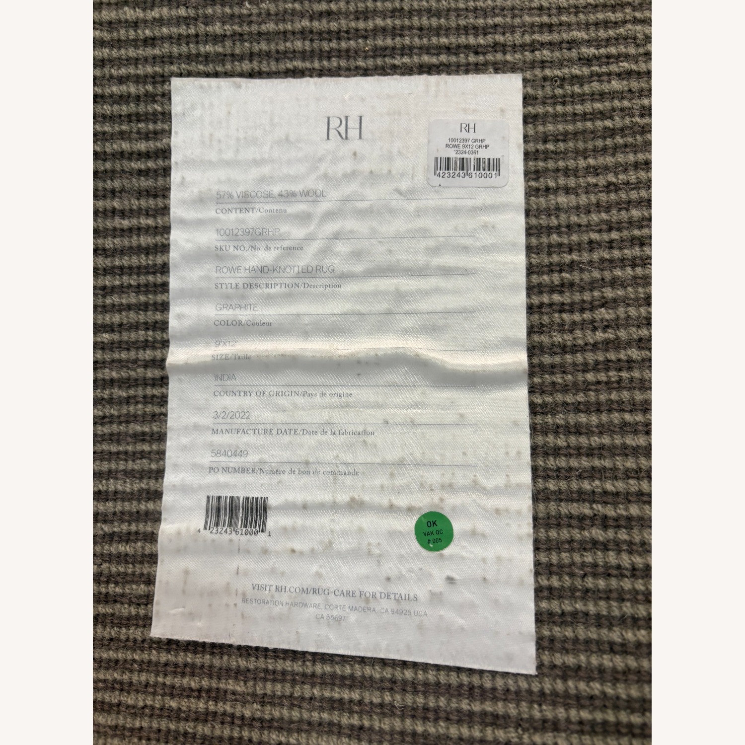 Restoration Hardware Rowe Rug – 9’ x 12’ Graphite | Hand-Knotted  - image-12