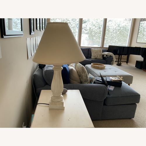 Used Distressed Farmhouse Lamp White Wood Table Lamp for sale on AptDeco