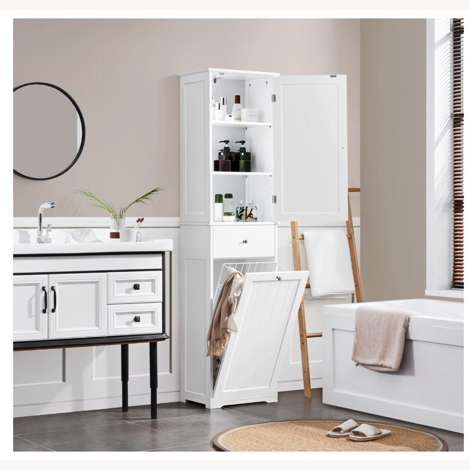 Amazon Tall White Bathroom Cabinet w Laundry Basket - image-4