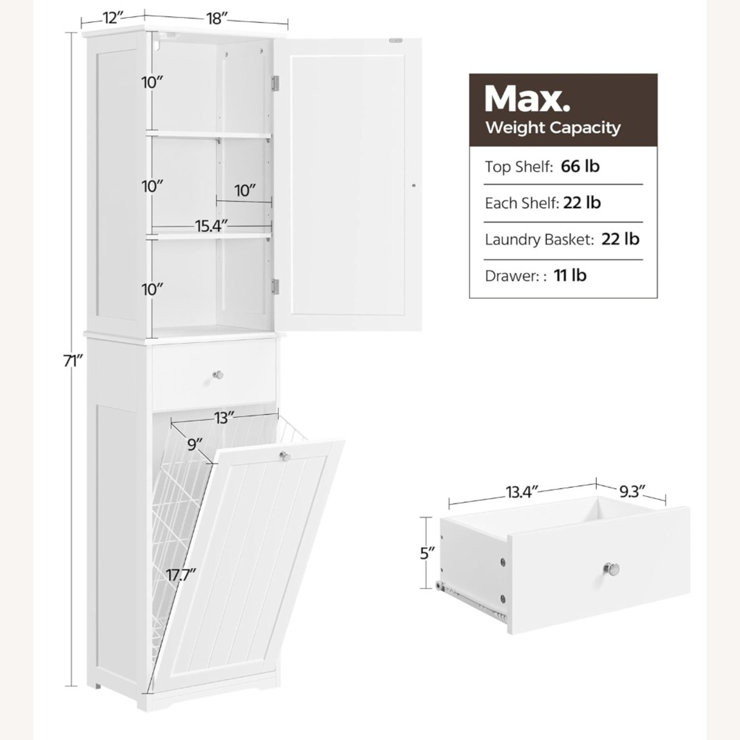 Amazon Tall White Bathroom Cabinet w Laundry Basket - image-2