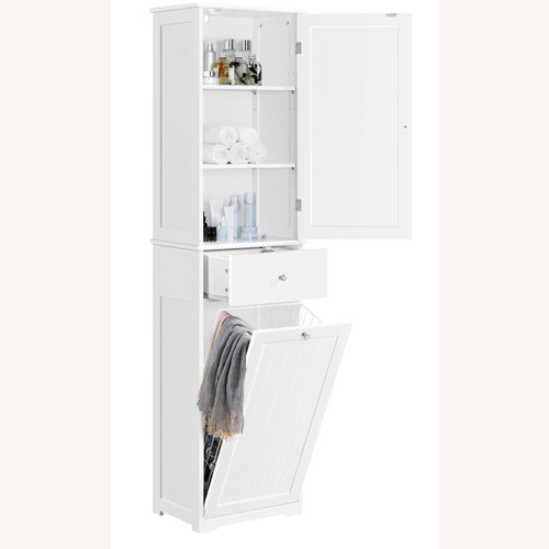 Used Amazon Tall White Bathroom Cabinet w Laundry Basket for sale on AptDeco