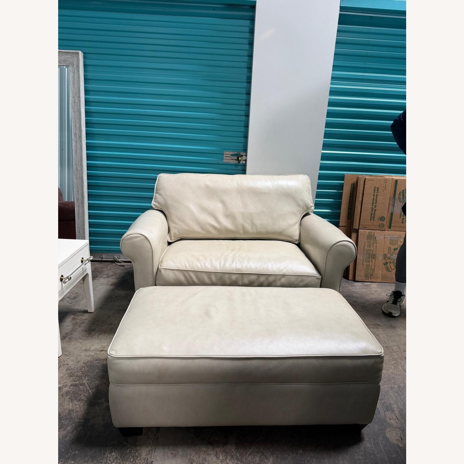 Light Gray Leather Loveseat & Storage Ottoman - image-1