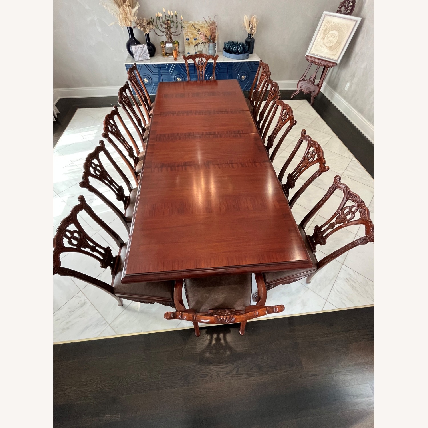 Vintage Dark Brown Carved Wood Dining Sets for 12 - image-11