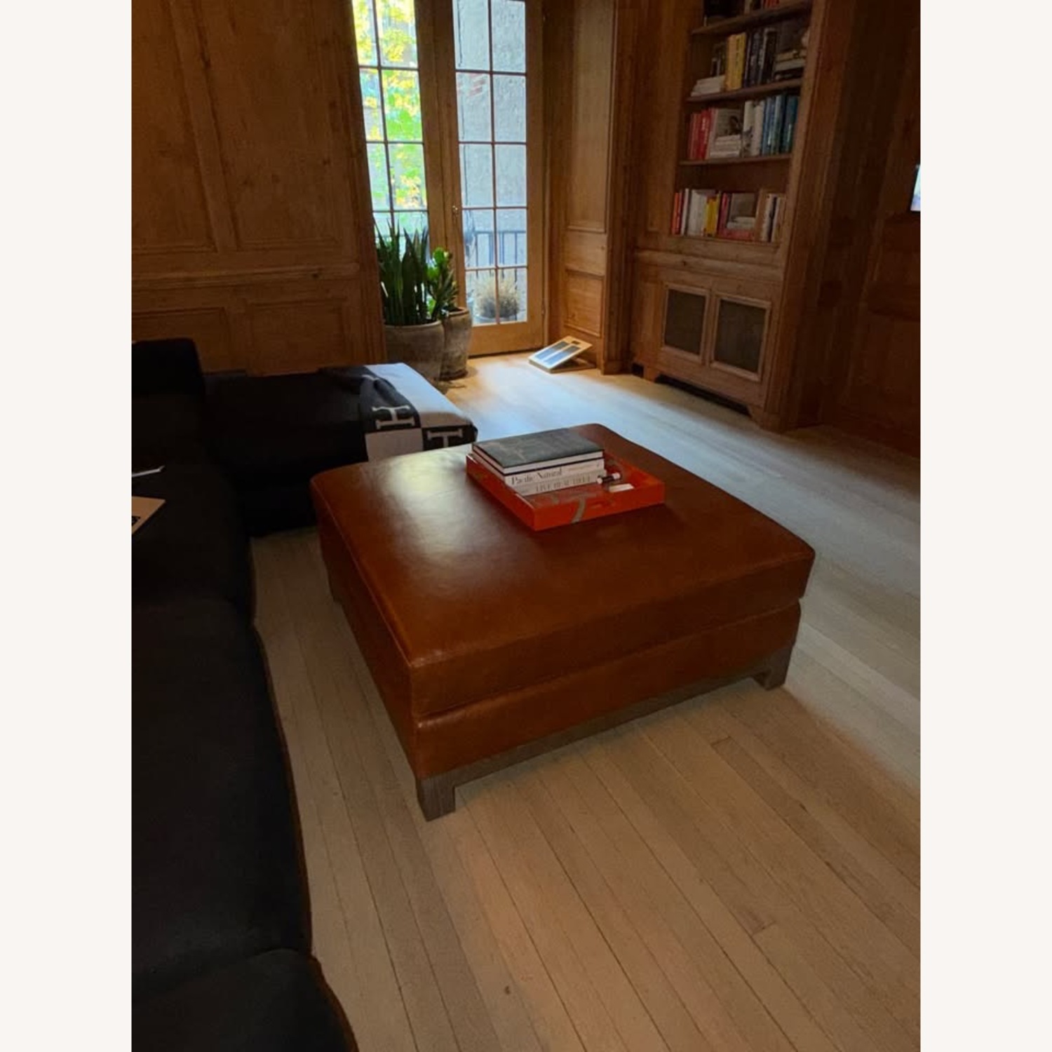 Pottery Barn Jake Light Brown Leather Ottoman - image-1