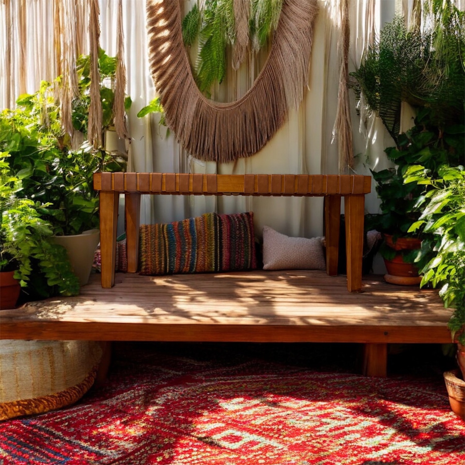 Vintage/Antique Light Brown Leather Bench - image-1