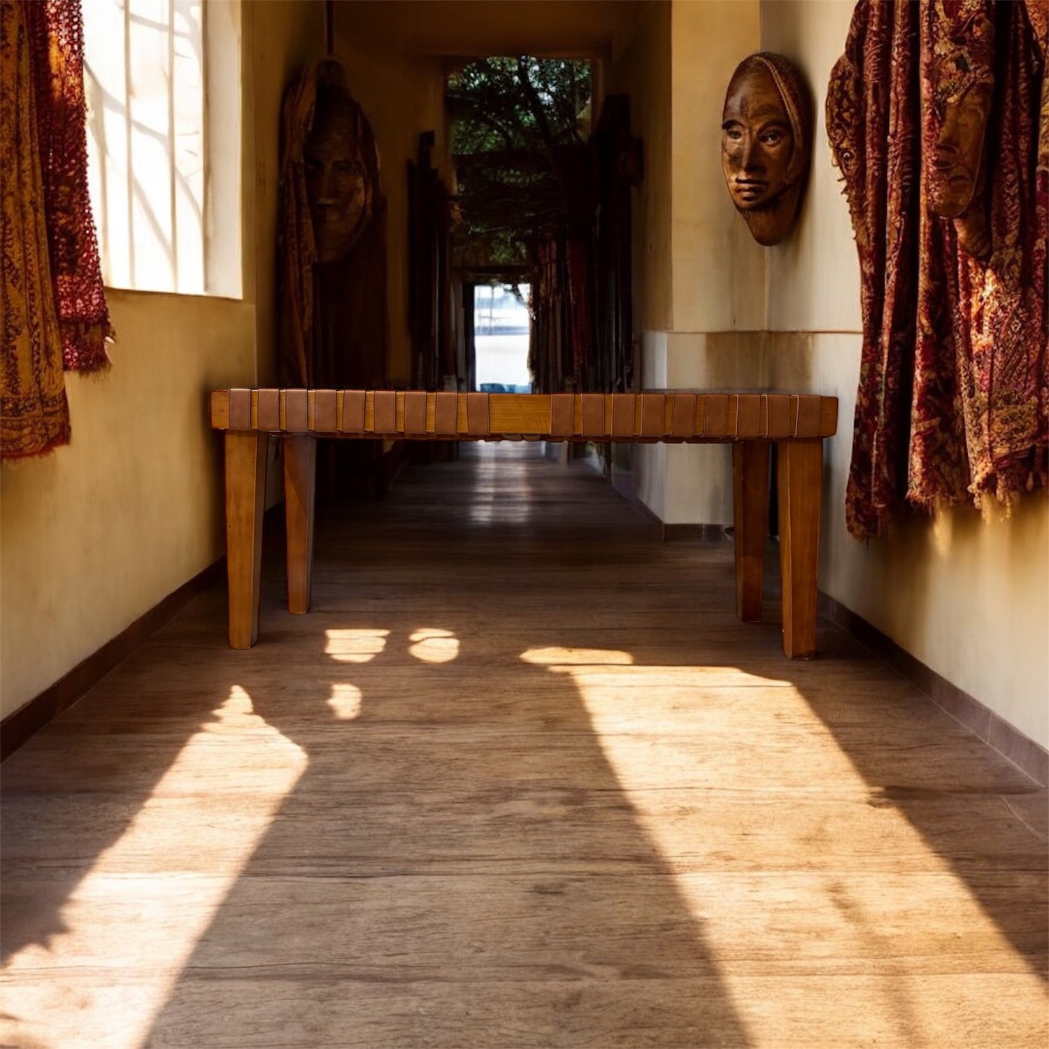 Vintage/Antique Light Brown Leather Bench - image-5