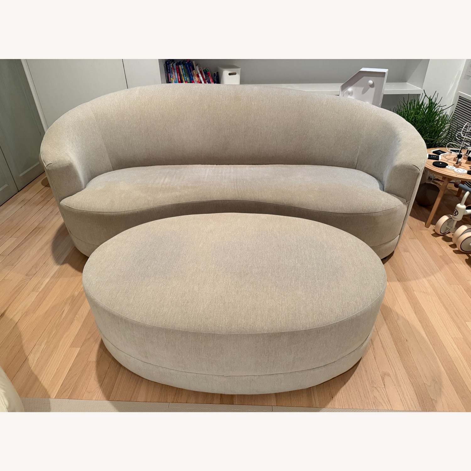 Crate & Barrel Oatmeal Chenille Sofa & Ottoman - image-4