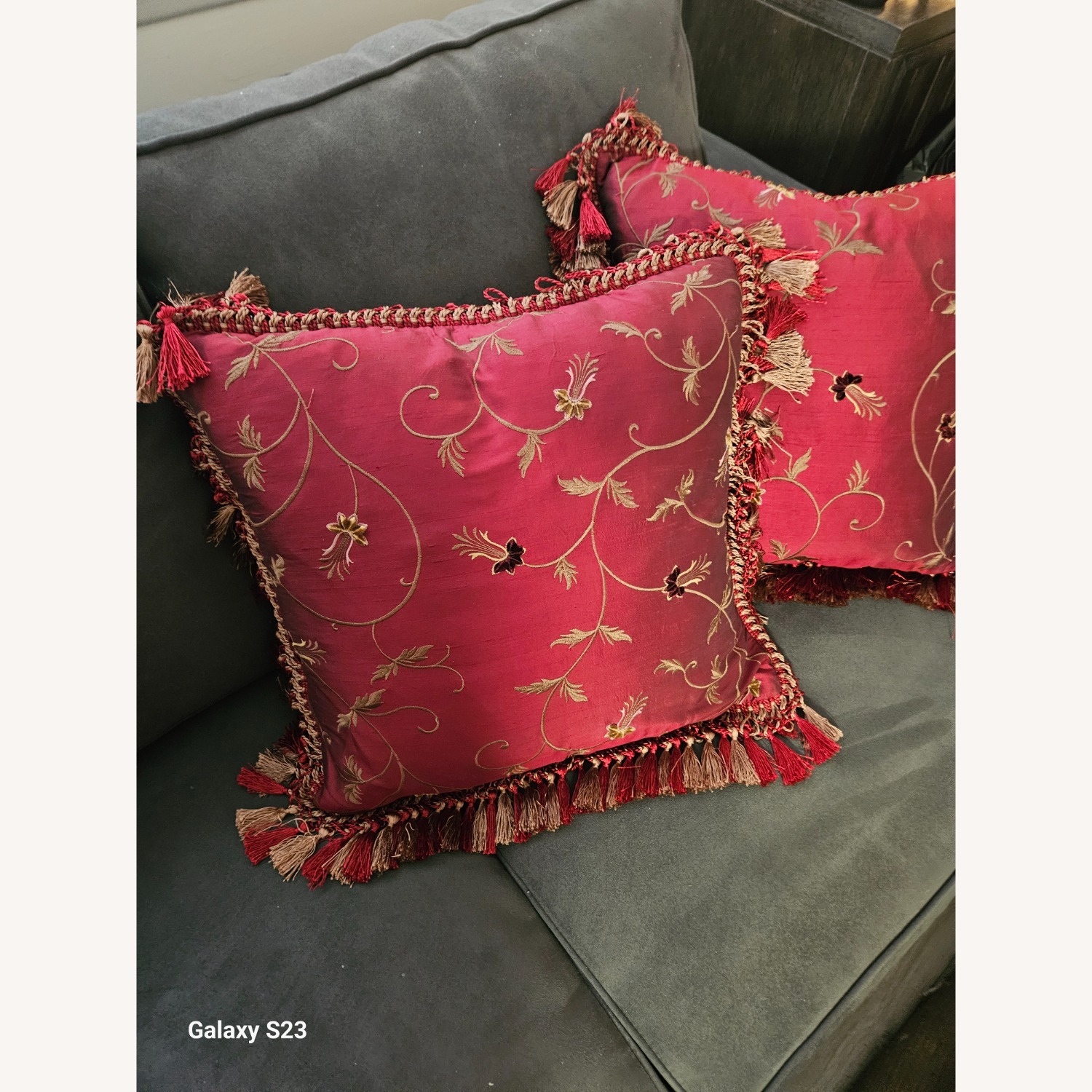 Red Silk Embroidered Pillows - image-2