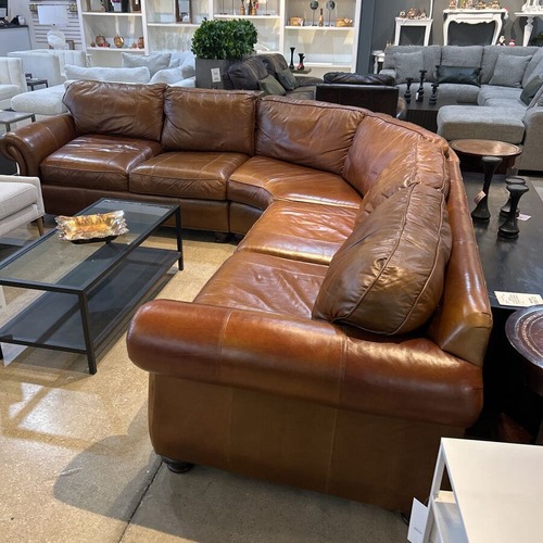 Used Samuel Curved 3pc Leather Roll Arm Sectional for sale on AptDeco