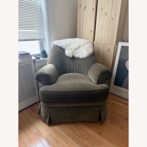 Used Ethan Allen Green Velvet Armchair and Footstool for sale on AptDeco