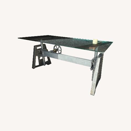 Used Rare Industrial Lift-Base Desk with Glass Top for sale on AptDeco