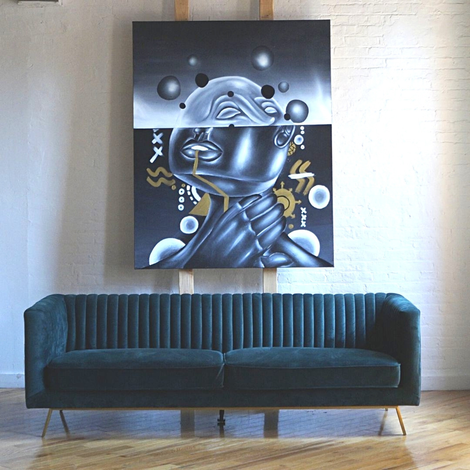 Modern Art Deco Sofa in Evergreen Velvet - image-5