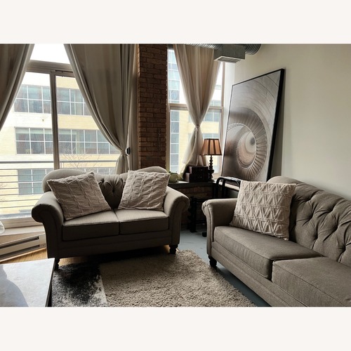 Used Bob's Discount Furniture Timeless Natural Fabric Loveseat for sale on AptDeco