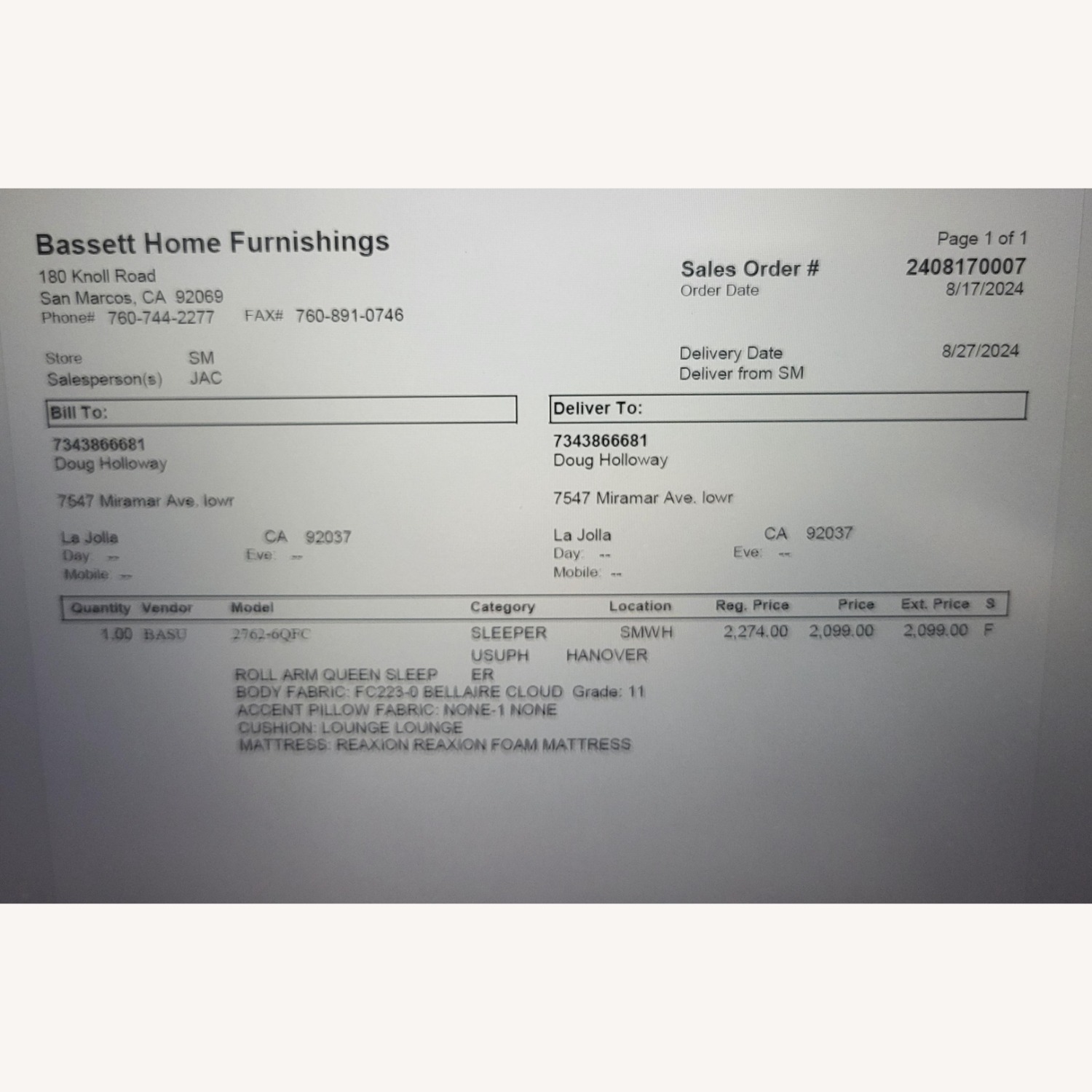 Bassett Hanover White Fabric Sleeper Sofa - image-4