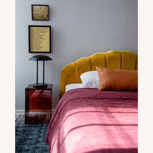 Used Cloth & Company Yellow Velvet Queen Bed for sale on AptDeco