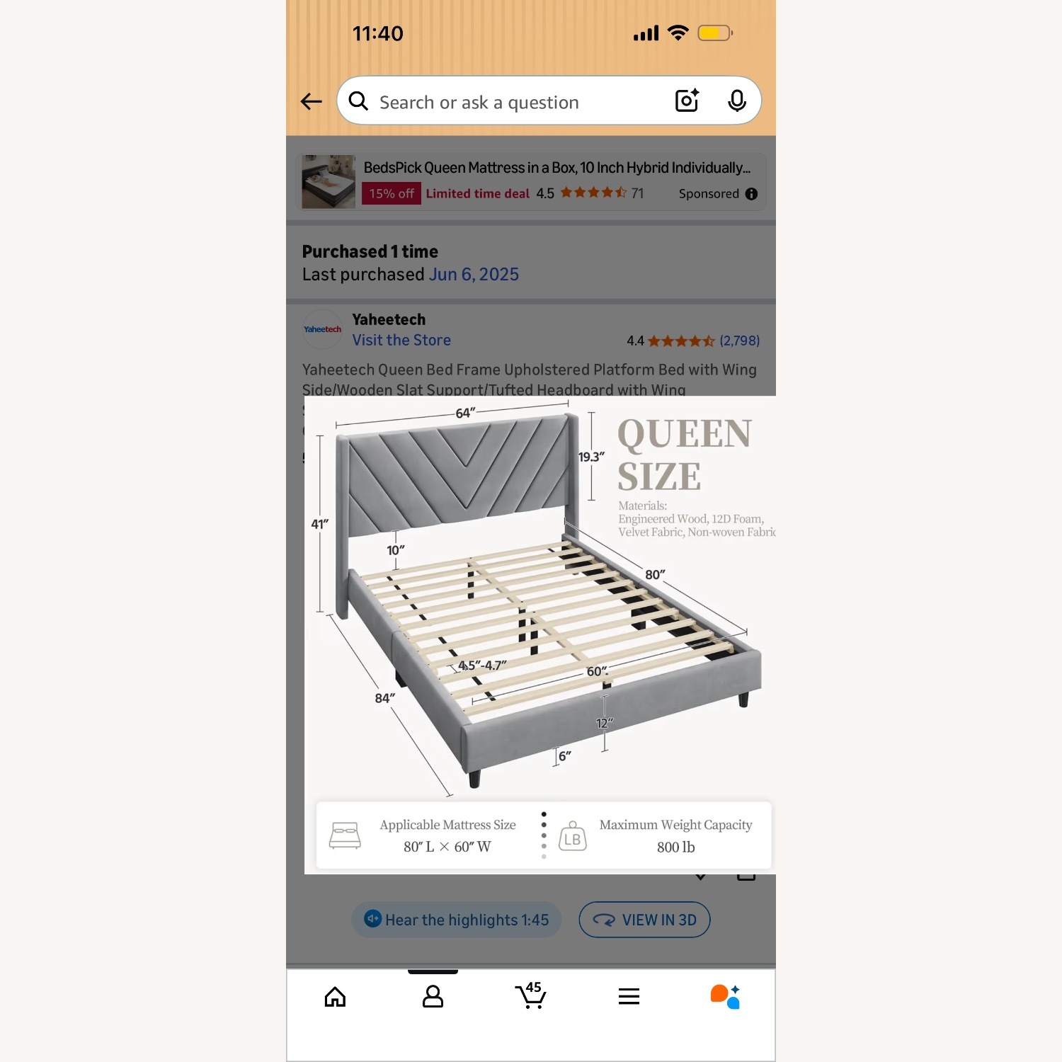 Light Gray Velvet Queen Bed - image-3