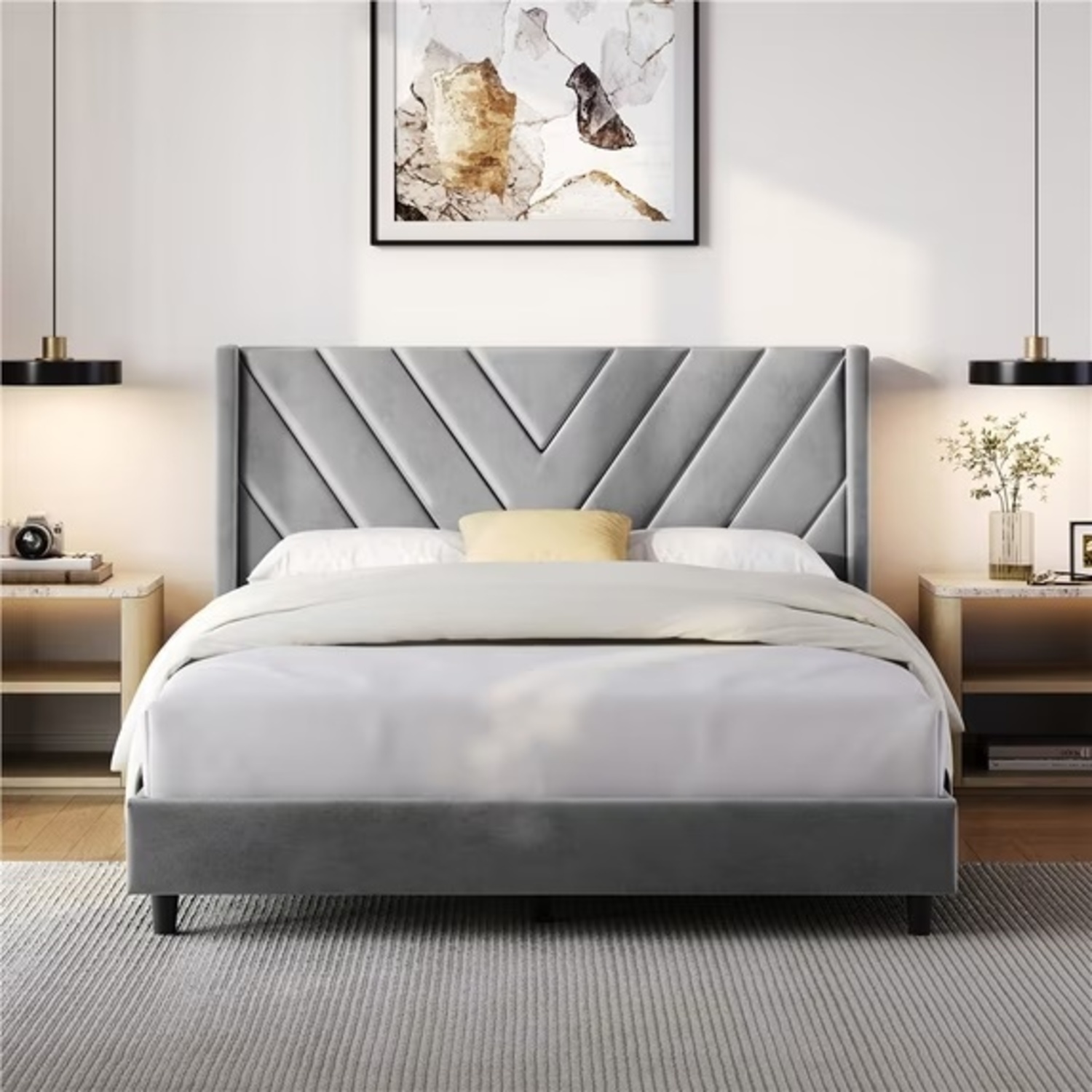 Light Gray Velvet Queen Bed - image-0