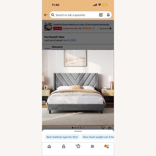 Used Light Gray Velvet Queen Bed for sale on AptDeco