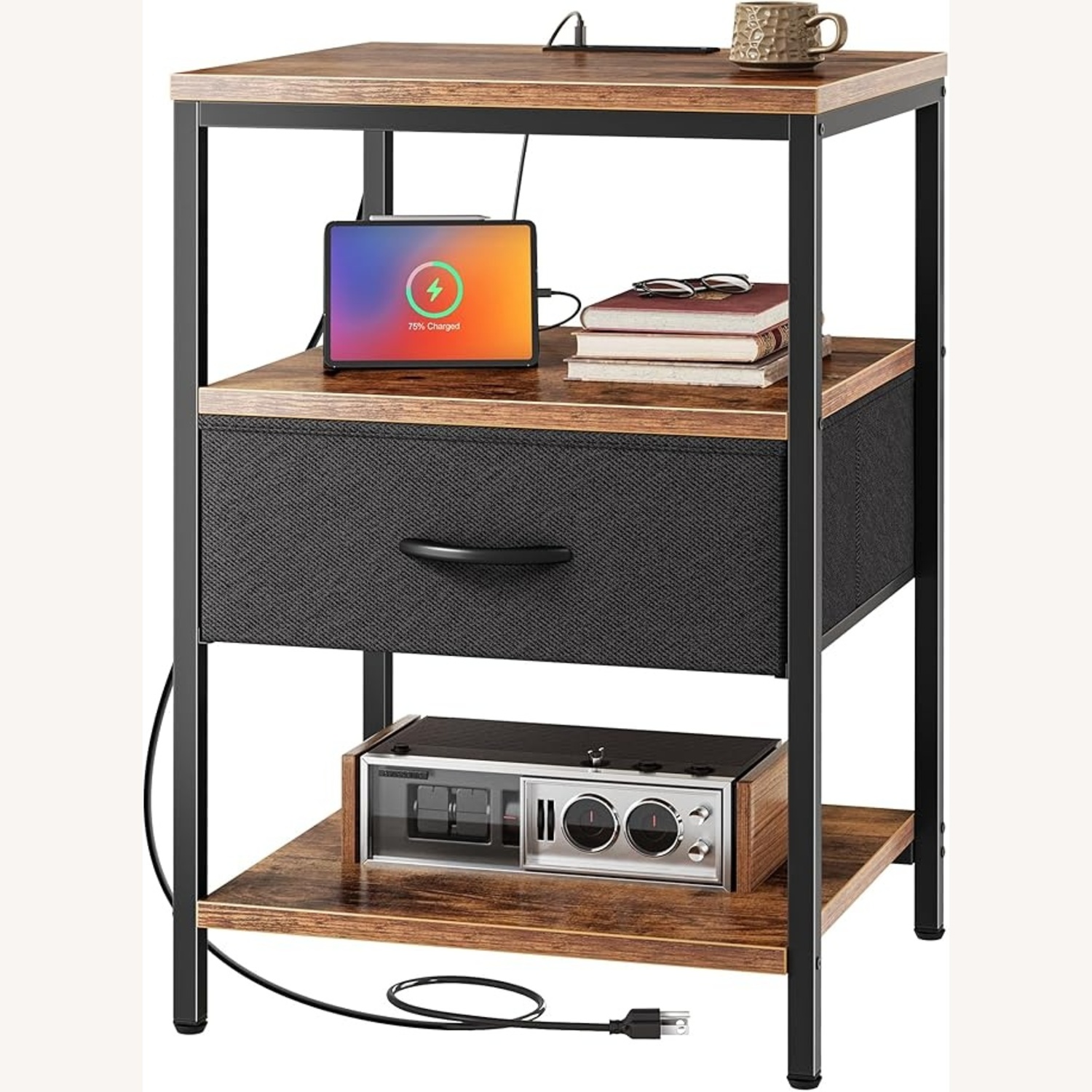 Dark Brown Side Table With Electrical Outlets - image-4