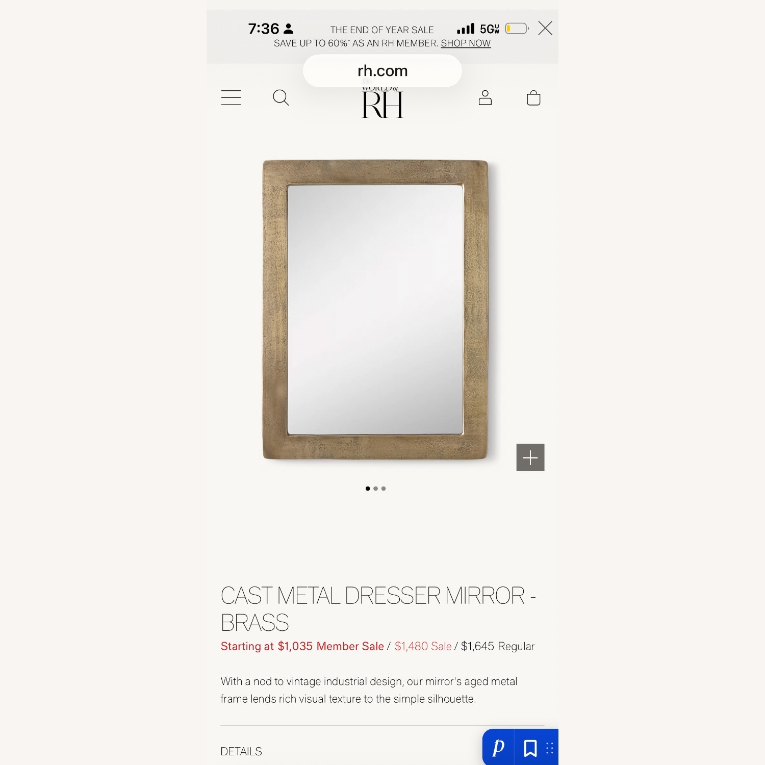 Restoration Hardware Cast Metal Metal Wall Mirror - image-1