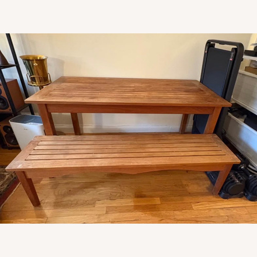 Used Antqiue Solid Teak Wood Dining Table and Benches for sale on AptDeco