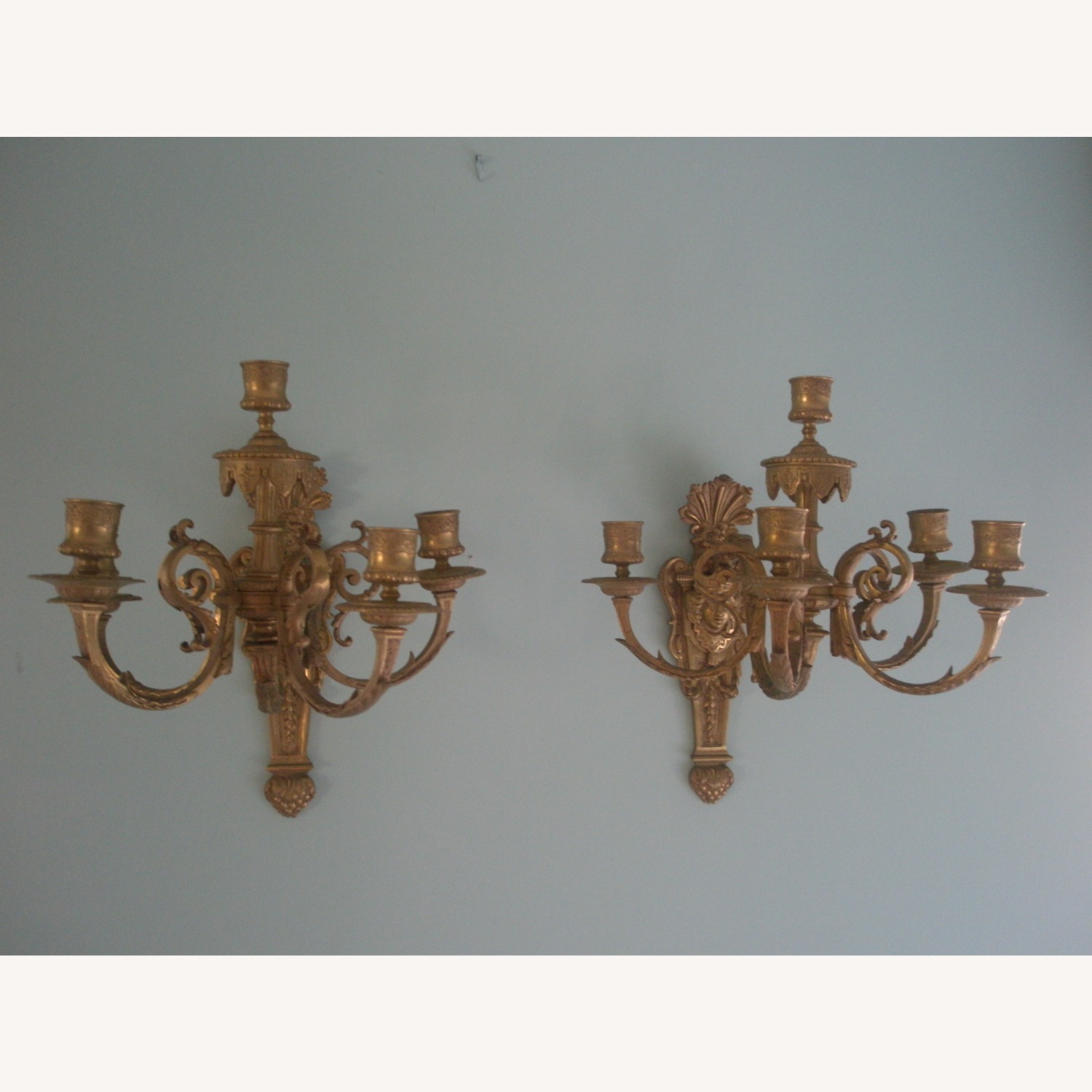 Antique Gold Brass Pair of Wall Sconces - image-1