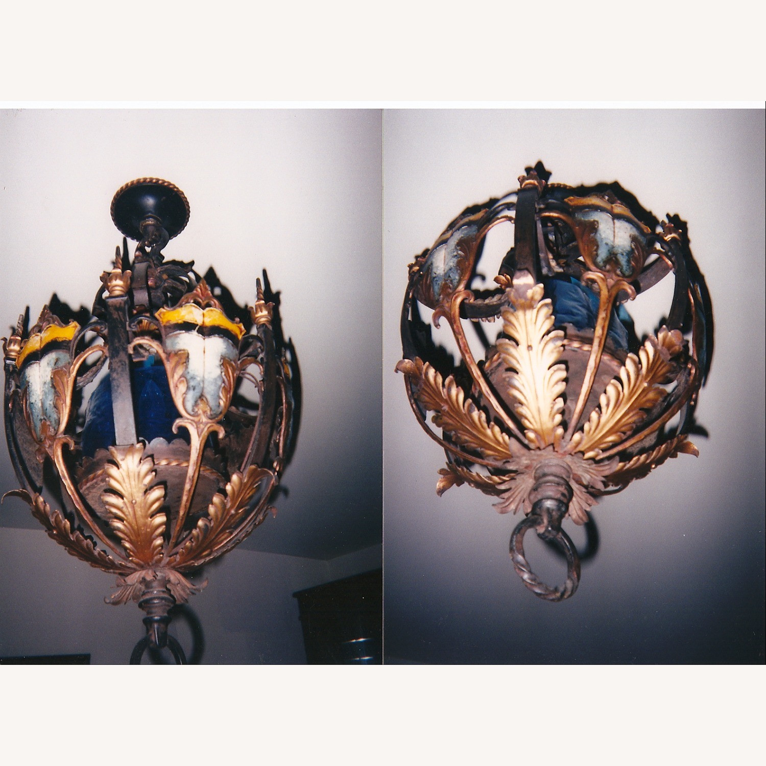 1920s Gilded & Polychromed Iron Basket Chandelier - image-2