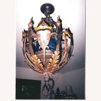 1920s Gilded & Polychromed Iron Basket Chandelier