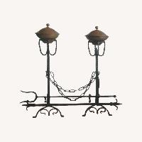 Antique 4' Ornate Forged Iron & Copper Andirons