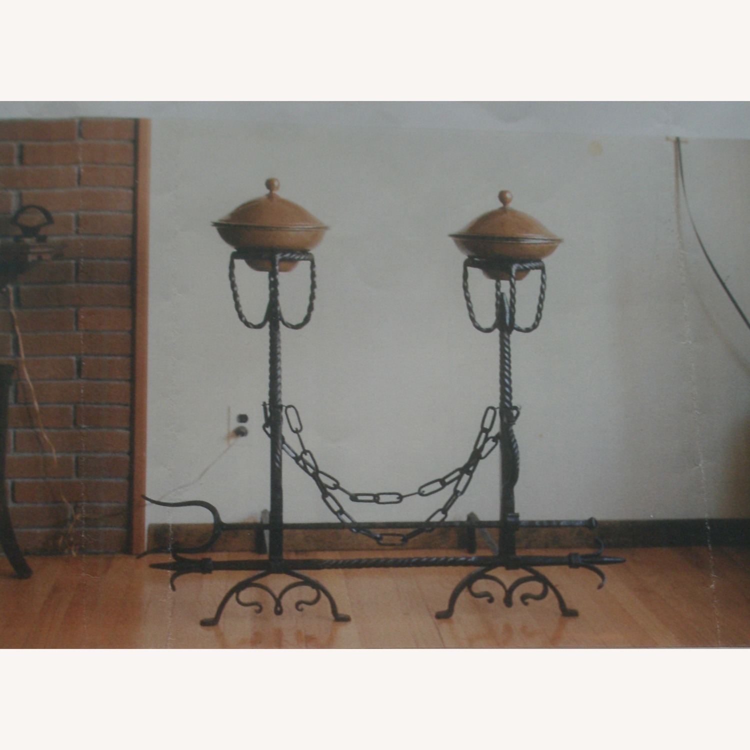 Antique 4' Ornate Forged Iron & Copper Andirons - image-2