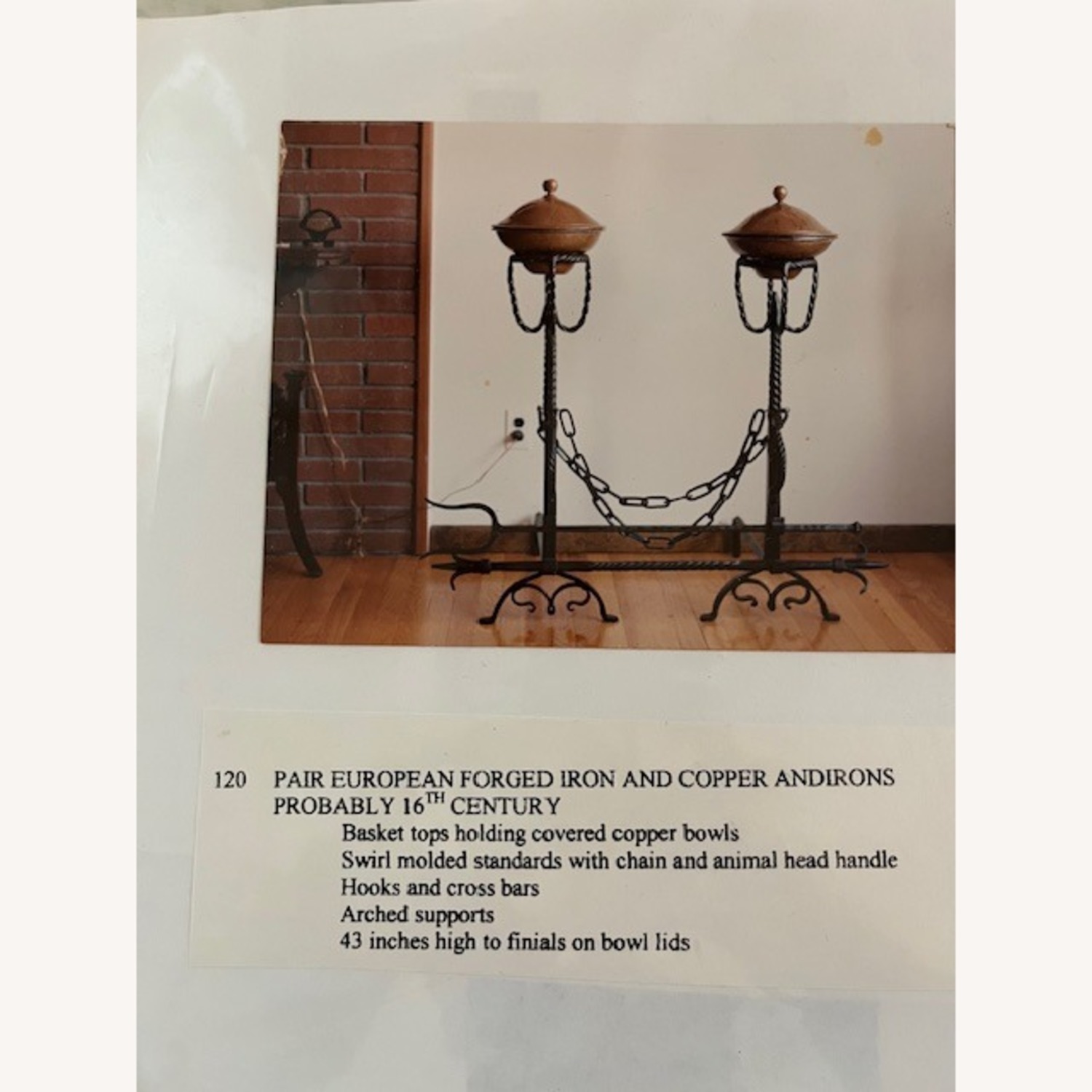 Antique 4' Ornate Forged Iron & Copper Andirons - image-5