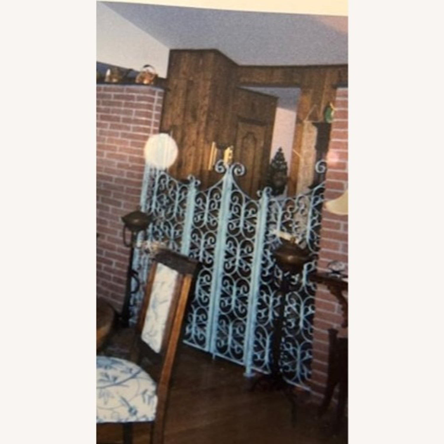 Antique 4' Ornate Forged Iron & Copper Andirons - image-3