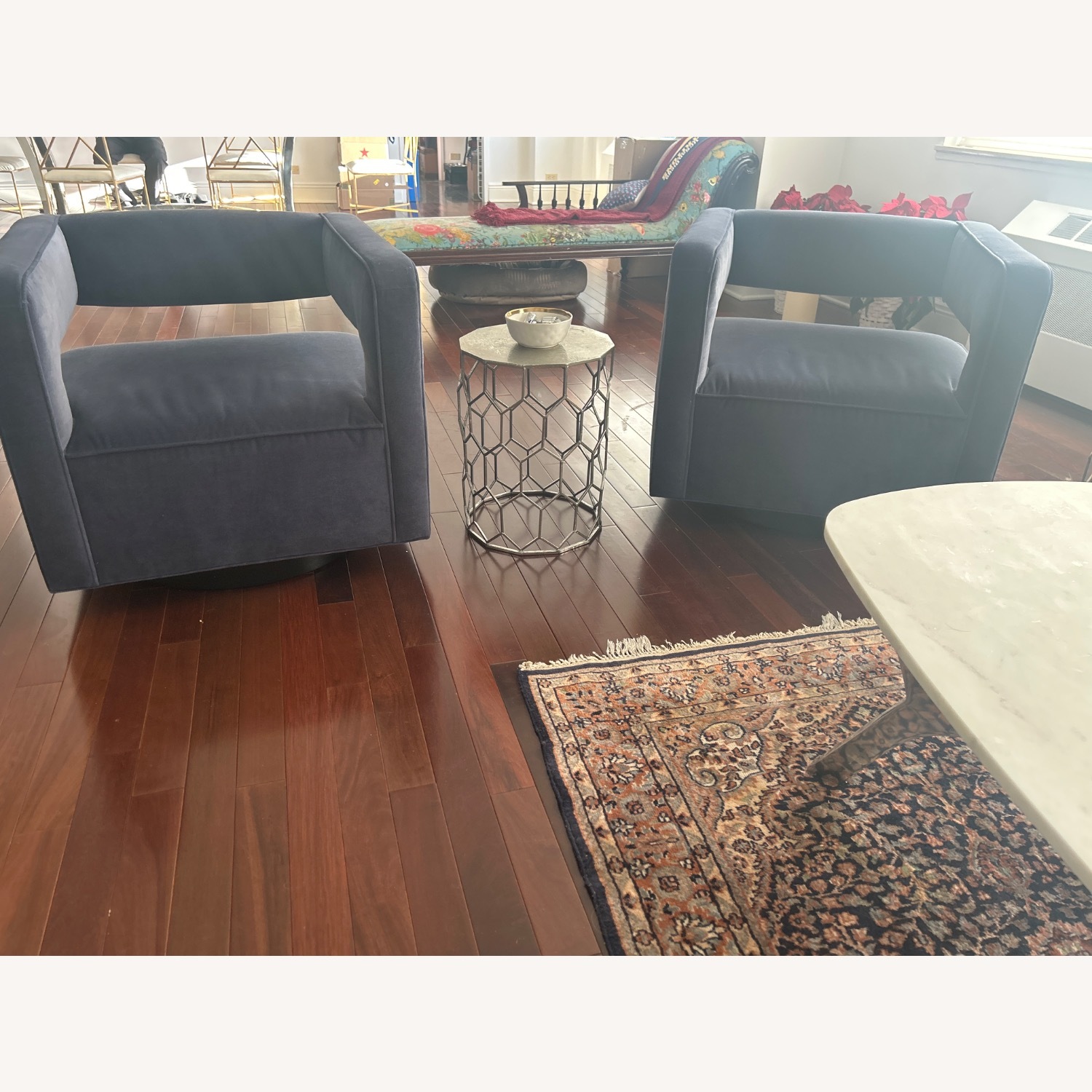 Blue Velvet Swivel Armchairs - image-2