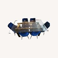 Modern Glass Dining Table + 6 Blue Velvet Chairs