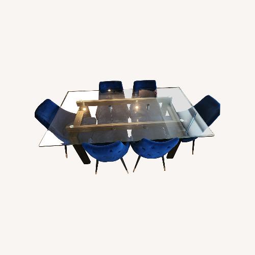 Used Modern Glass Dining Table + 6 Blue Velvet Chairs for sale on AptDeco
