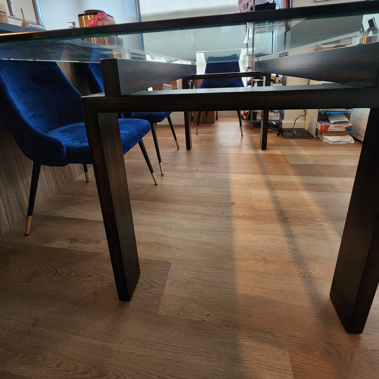 Modern Glass Dining Table + 6 Blue Velvet Chairs - image-5