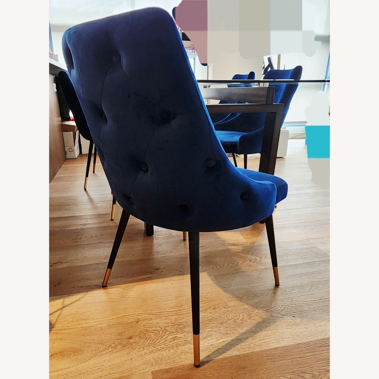 Modern Glass Dining Table + 6 Blue Velvet Chairs - image-2