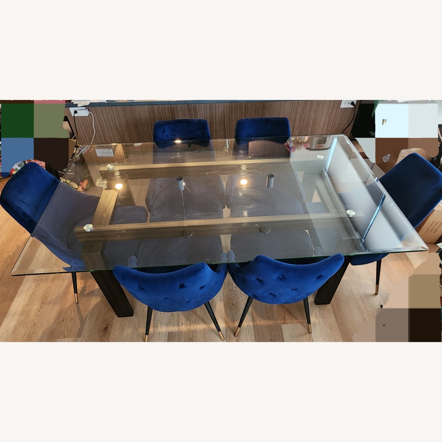 Modern Glass Dining Table + 6 Blue Velvet Chairs - image-3