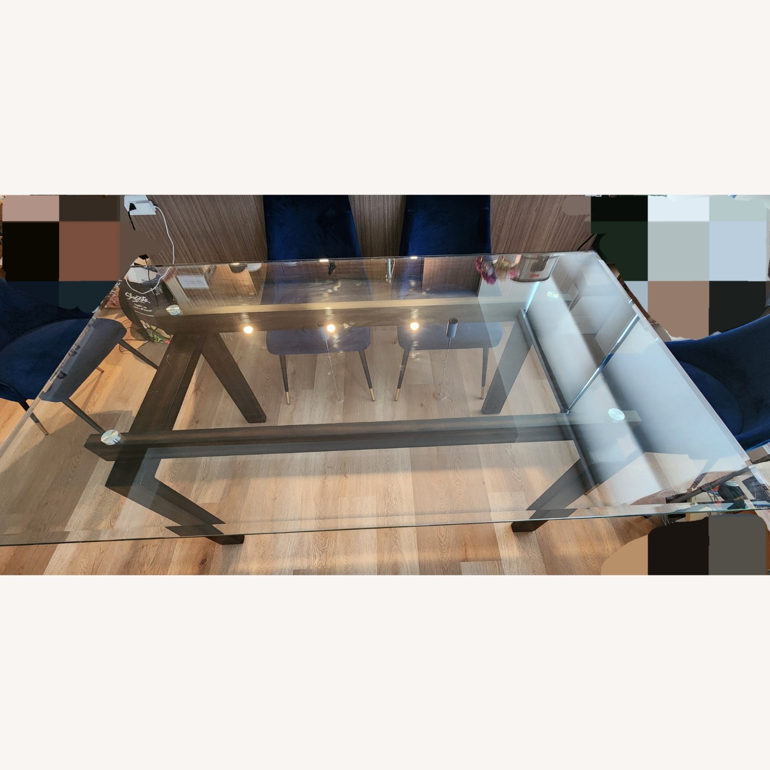 Modern Glass Dining Table + 6 Blue Velvet Chairs - image-4