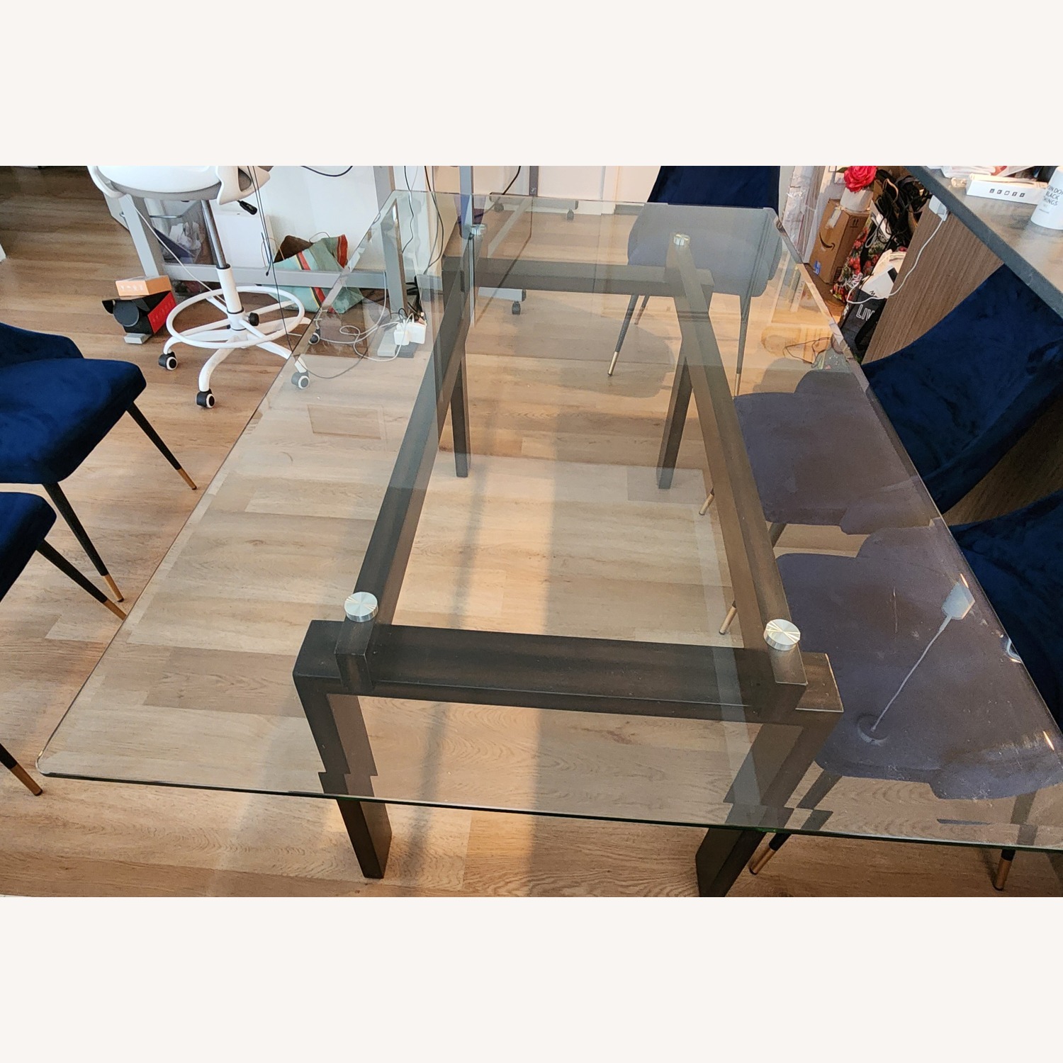 Modern Glass Dining Table + 6 Blue Velvet Chairs - image-7