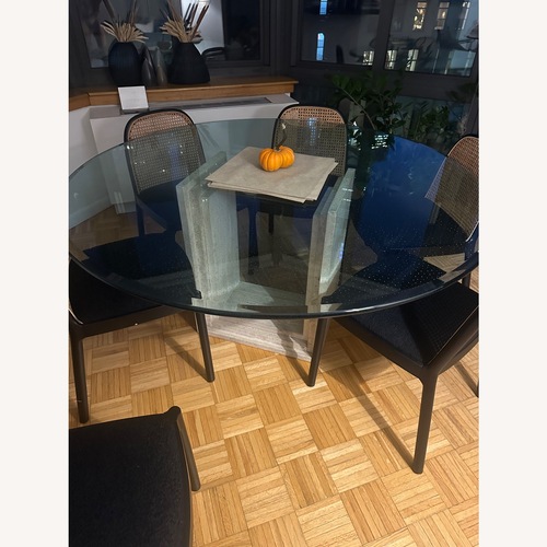 Used 1980s Travertine Pedestal Glass Dining Table for sale on AptDeco