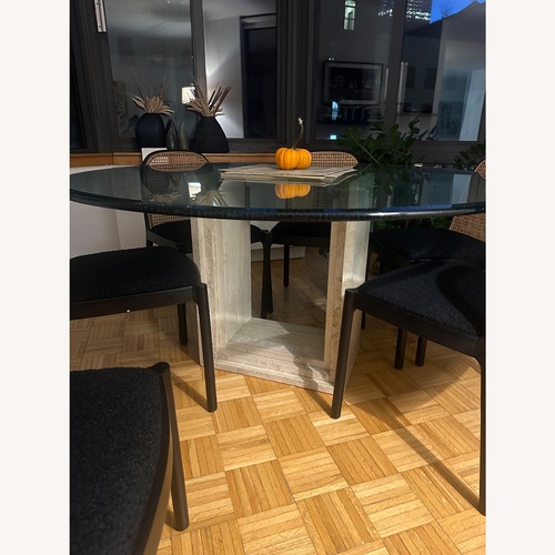 Used 1980s Travertine Pedestal Glass Dining Table for sale on AptDeco