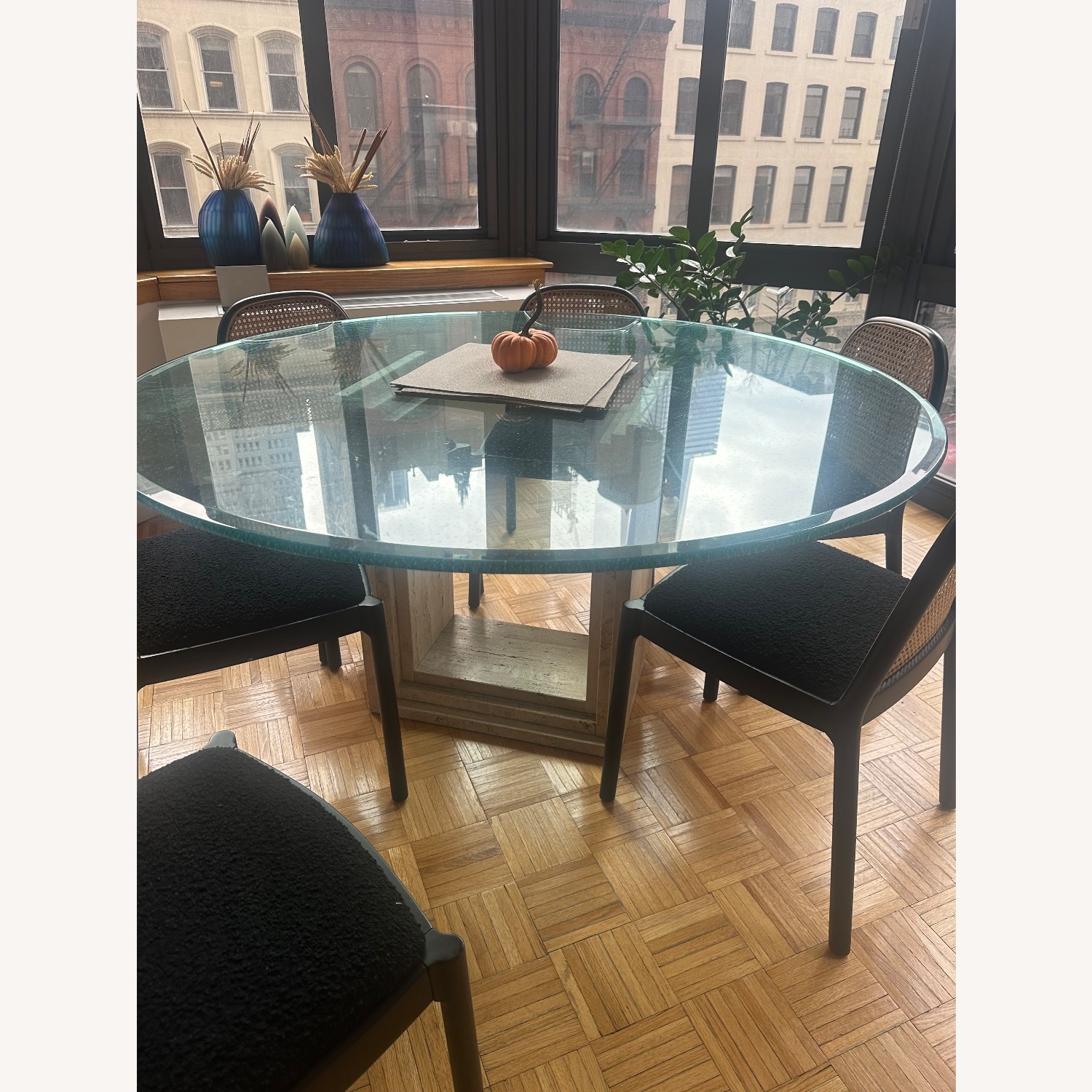 1980s Travertine Pedestal Glass Dining Table - image-3