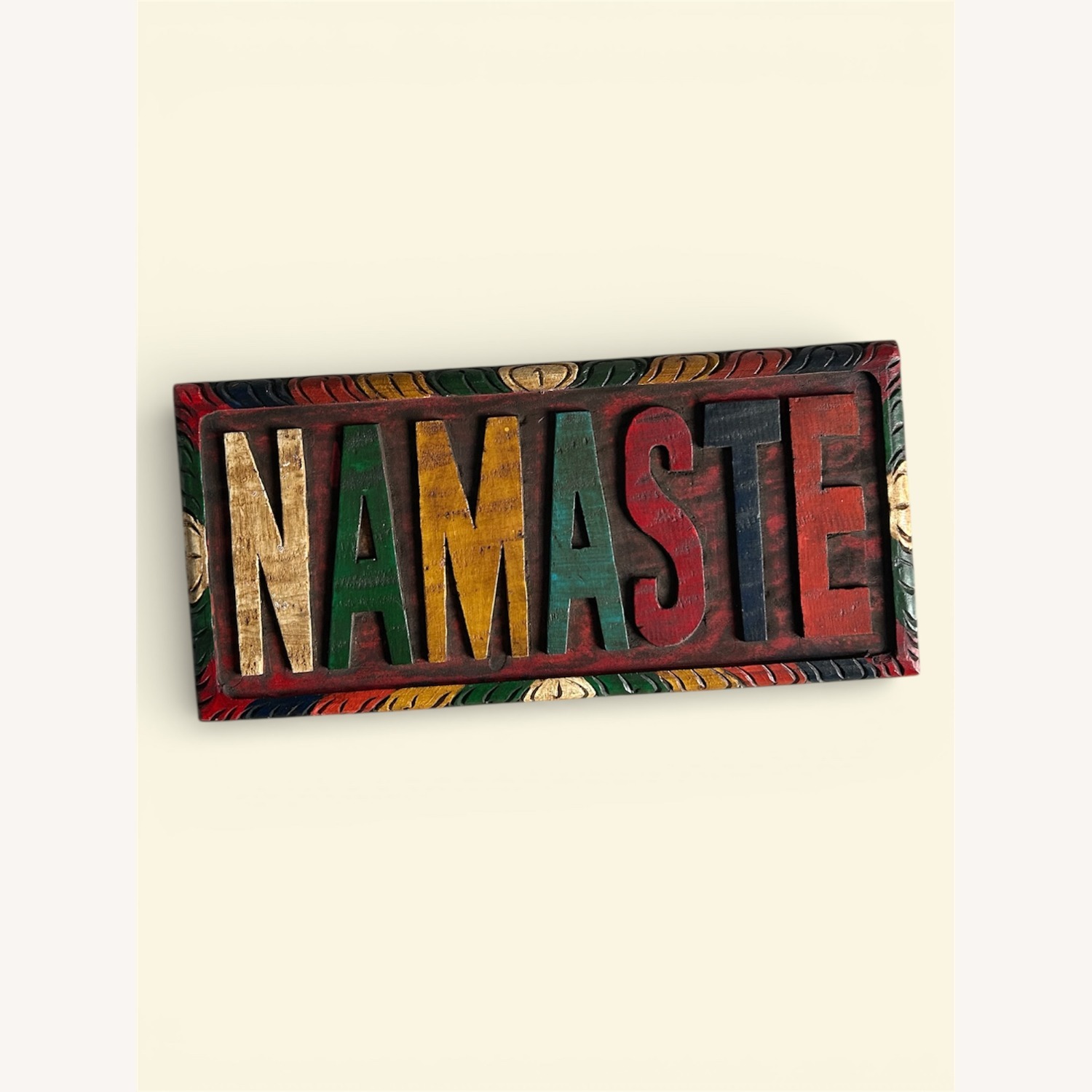 Hand-carved Painted Wooden Namaste Wall Plaque - image-2