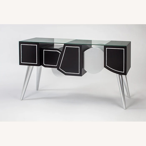 Used Black and Silver Console Table with Glass Top for sale on AptDeco