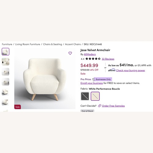 Used Wayfair Jase White Boucle Armchair for sale on AptDeco