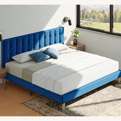 Used Amazon Velvet Midcentury Bed + Wooden Slats for sale on AptDeco