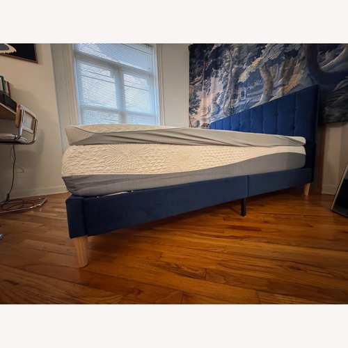 Used Amazon Velvet Midcentury Bed + Wooden Slats for sale on AptDeco